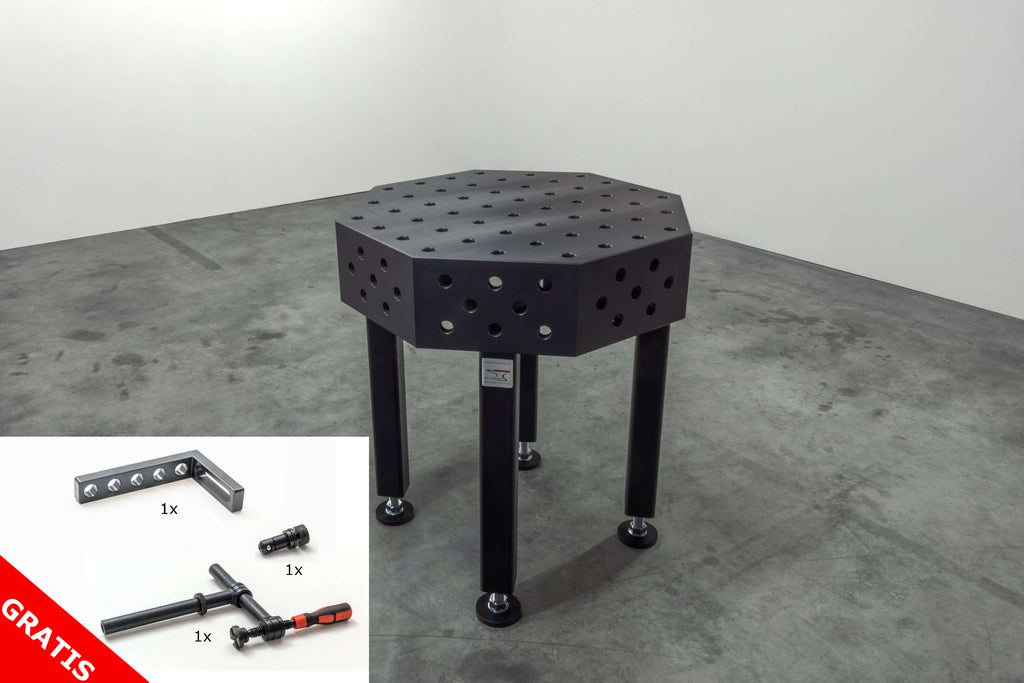 Achtkanttisch 1000mm x 1000mm, Stahl S355J2+N, plasmanitriert, höhenverstellbare Tischfüße, Gewicht 355 kg, 4000kg Last