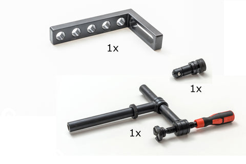 Zubehör Set für Schweißtische, Schraubzwinge 45°, Schnellspannbolzen, Universal-Anschlag 250 L für Schweißtische mit 15mm oder 25mm Materialstärke
